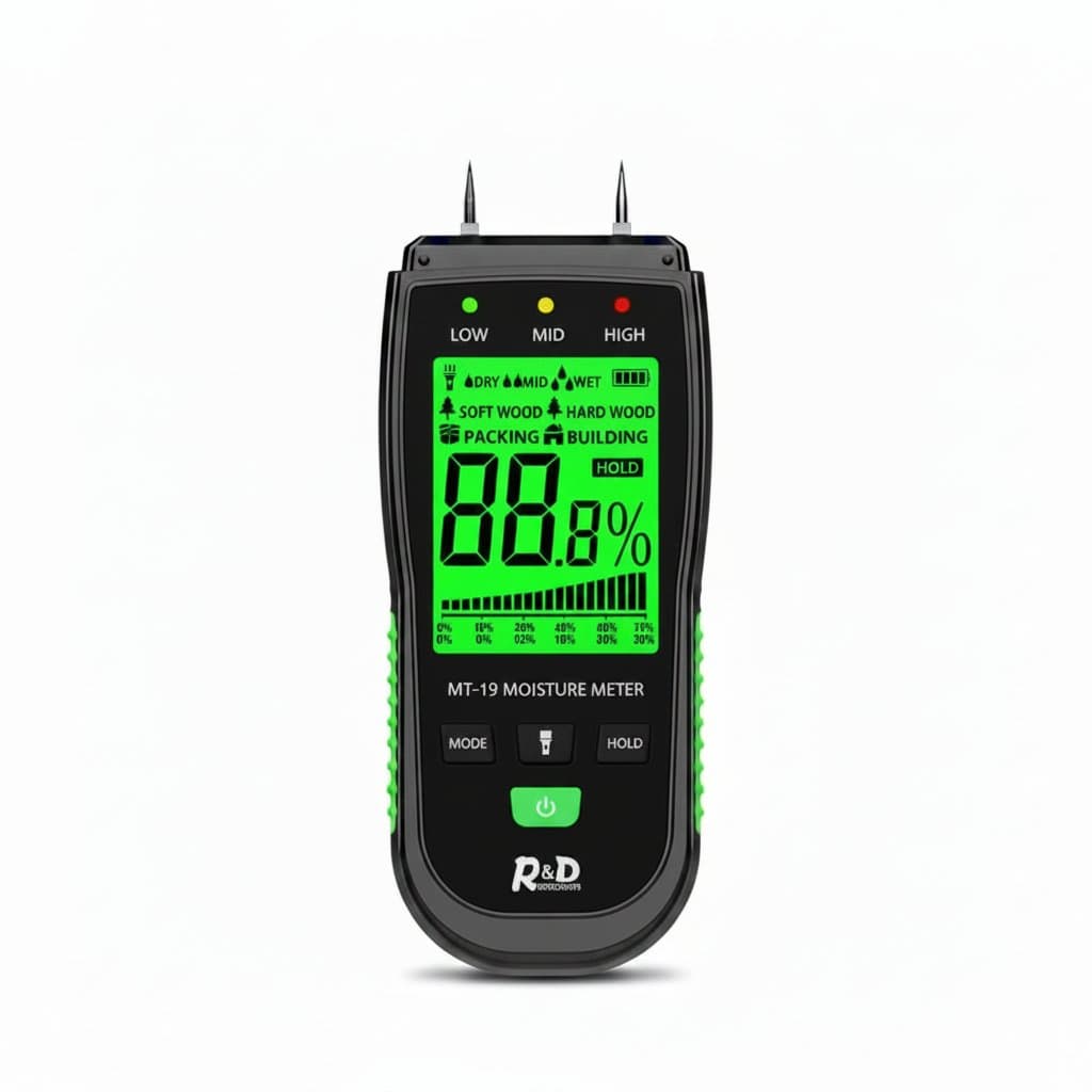 Digital humidity meter for detecting moisture in wood, walls, timber, building materials, and cartons with a compact handheld design.