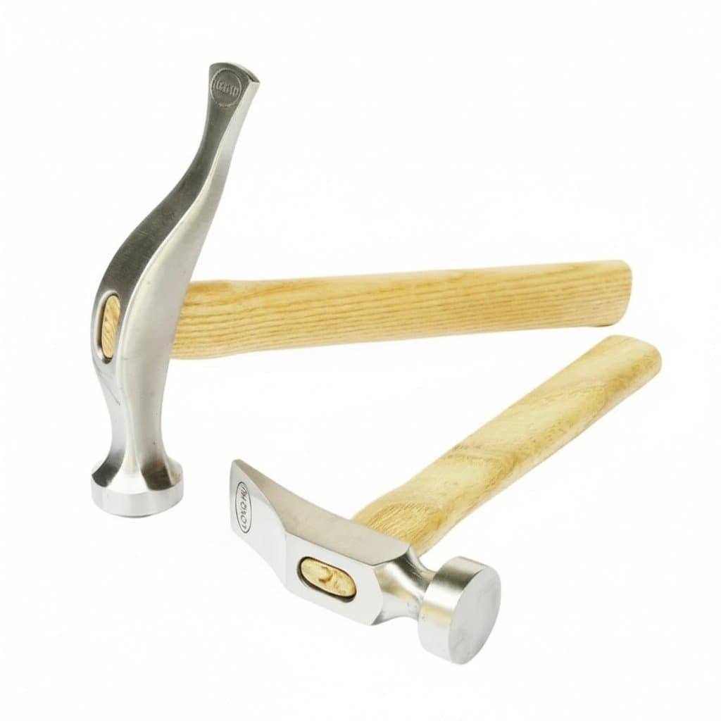 Handmade leather-headed hammer with wooden handle, designed for tapping over hand stitches, lacing, and lightweight shoe repair work.