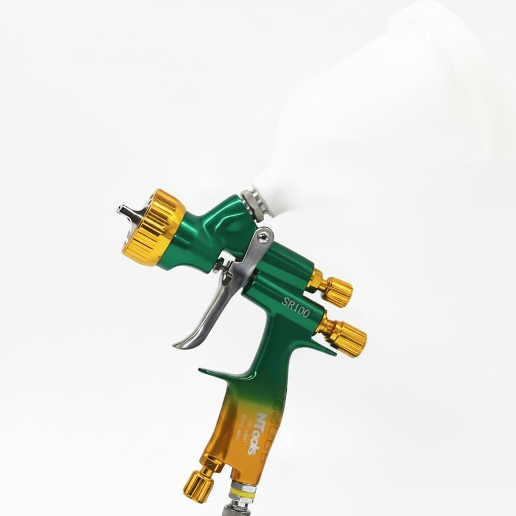 HVLP spray gun with 1.3 or 1.4mm nozzle, suitable for water-based or oil-based paints, designed for automotive and detail work.