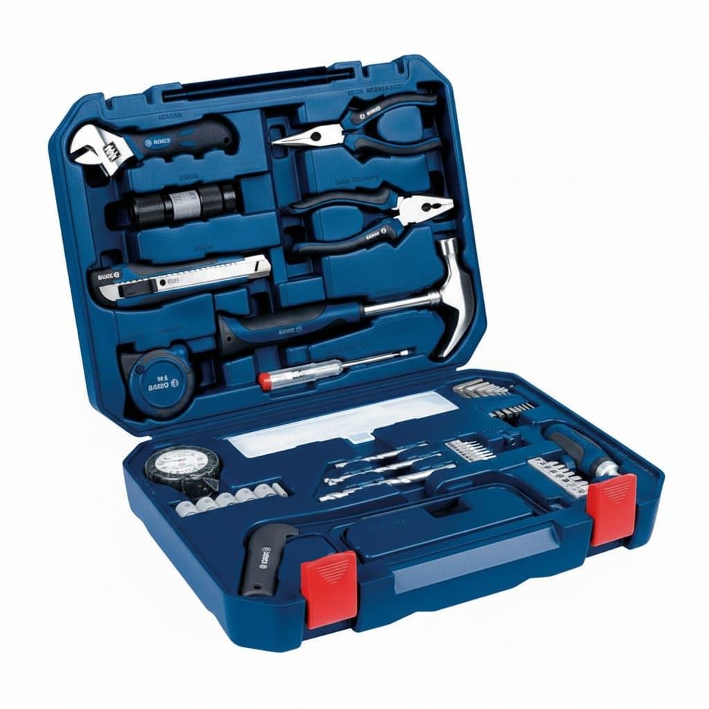 Bosch 108-piece multifunctional hardware manual tool set with various wrenches, screwdrivers, and accessories organized in a durable case.