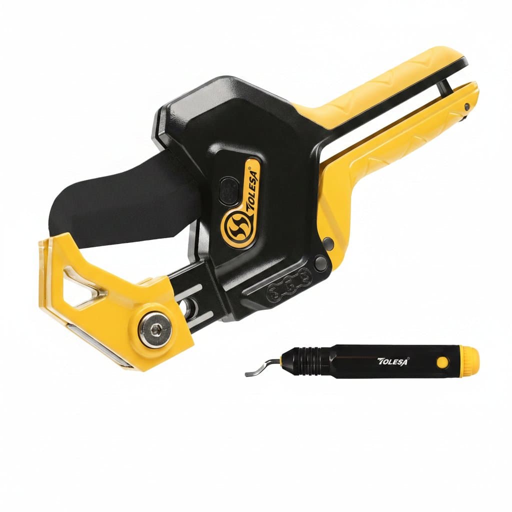 TOLESA ratcheting PVC pipe cutter tool with ergonomic yellow and black handles, cutting a 2-inch white plastic pipe.