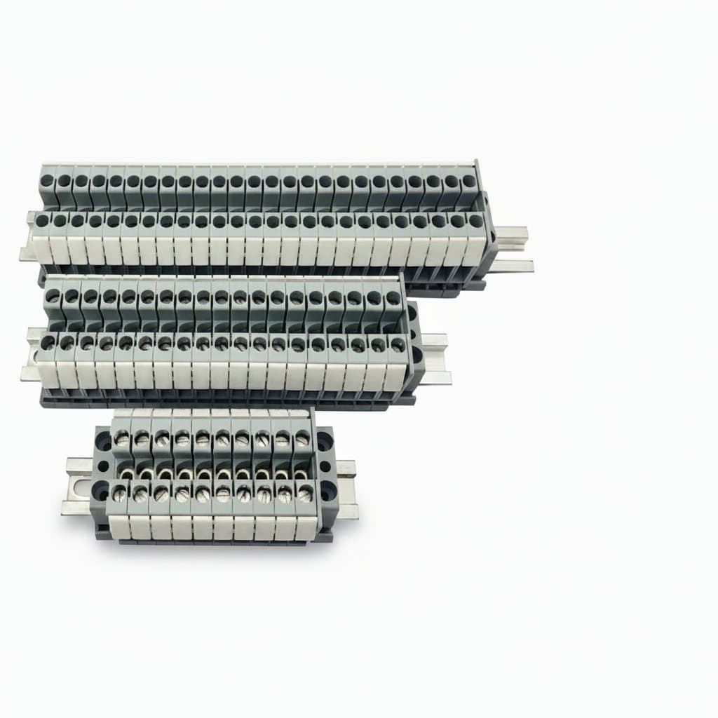 MBK3 miniature terminal block for E or Z mounting rail, designed for 0.2 to 2 square millimeter wire sizes, shown on a 15-unit rail.