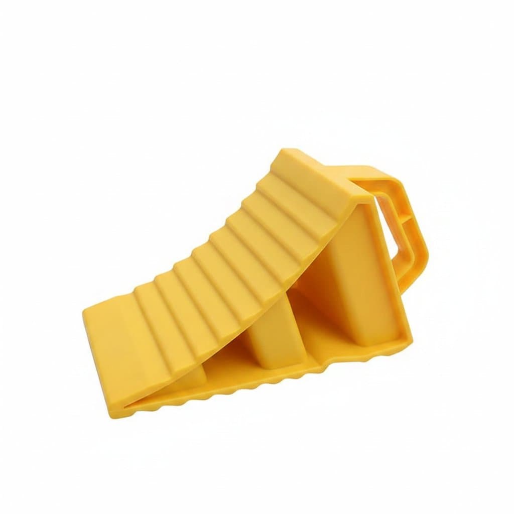 A set of bright yellow, multipurpose anti-slip wheel chocks, ideal for RVs and space-saving storage.