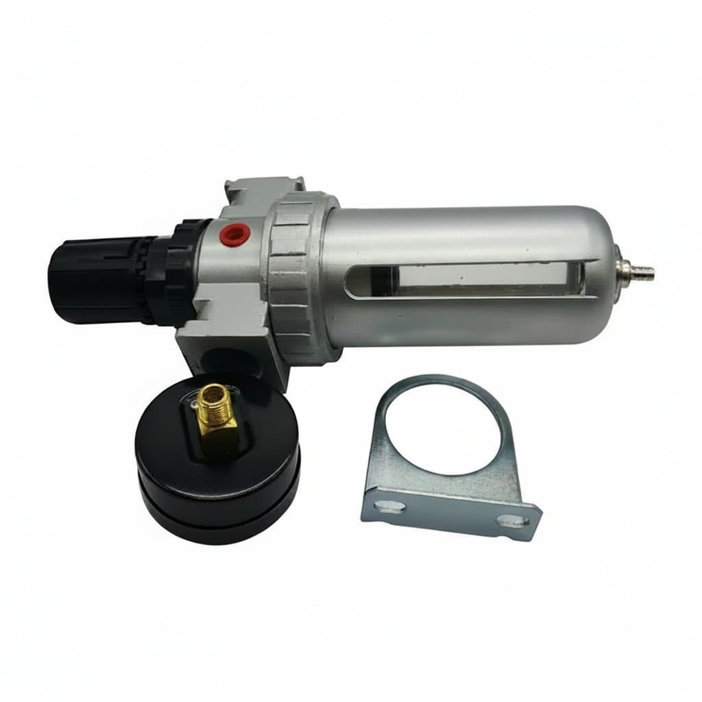 SFR Series Air Compressor Filter Regulator with moisture trap and lubricator for 1/4, 3/8, and 1/2 inch lines, featuring a durable copper filter.