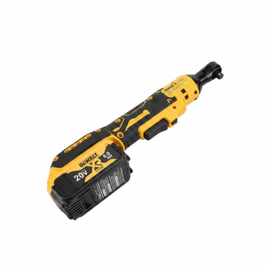 DEWALT DCF512 Brushless Cordless Right Angle Power Wrench with variable speed control, LED work light, and battery, displayed on a workbench.