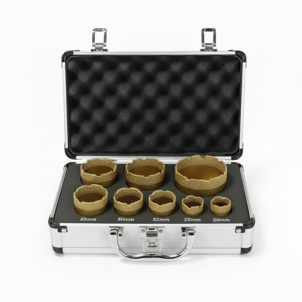 M14 Diamond Core Bit Set with 9 metal crowns for drilling stone, granite, glass, marble, and porcelain tiles using an angle grinder.