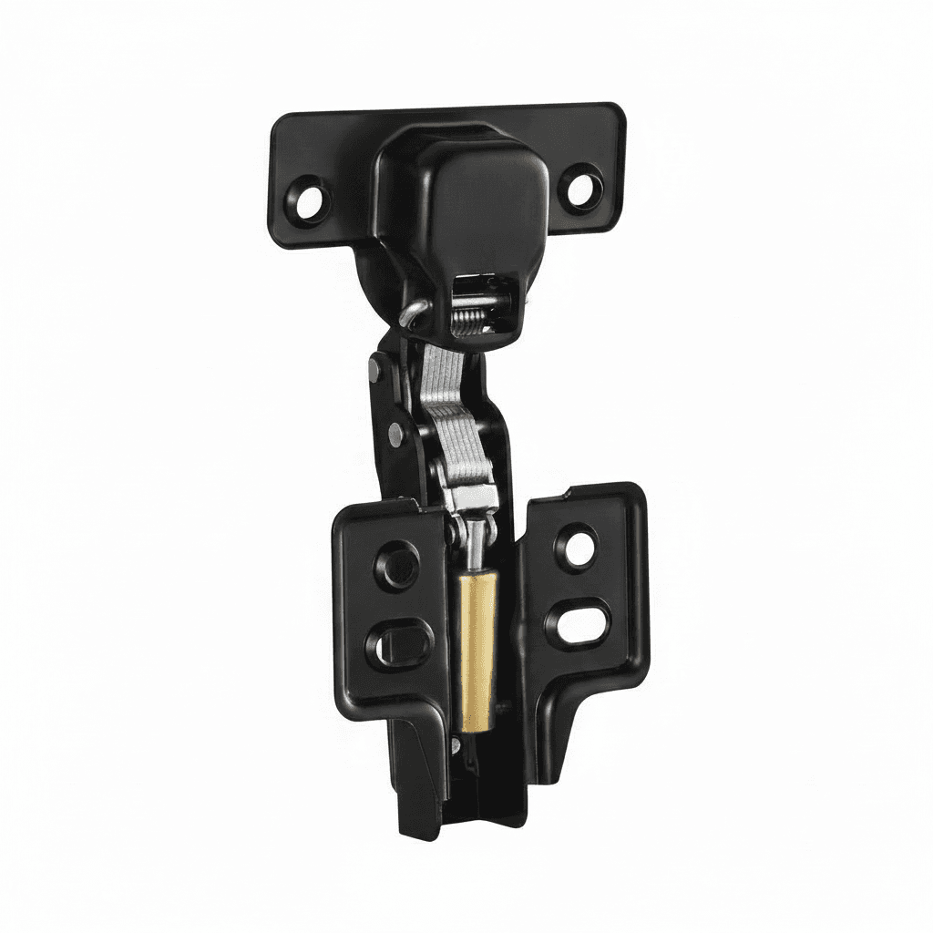 Silver and black stainless steel hydraulic hinges with damper buffer for soft-close kitchen cabinet and cupboard doors.