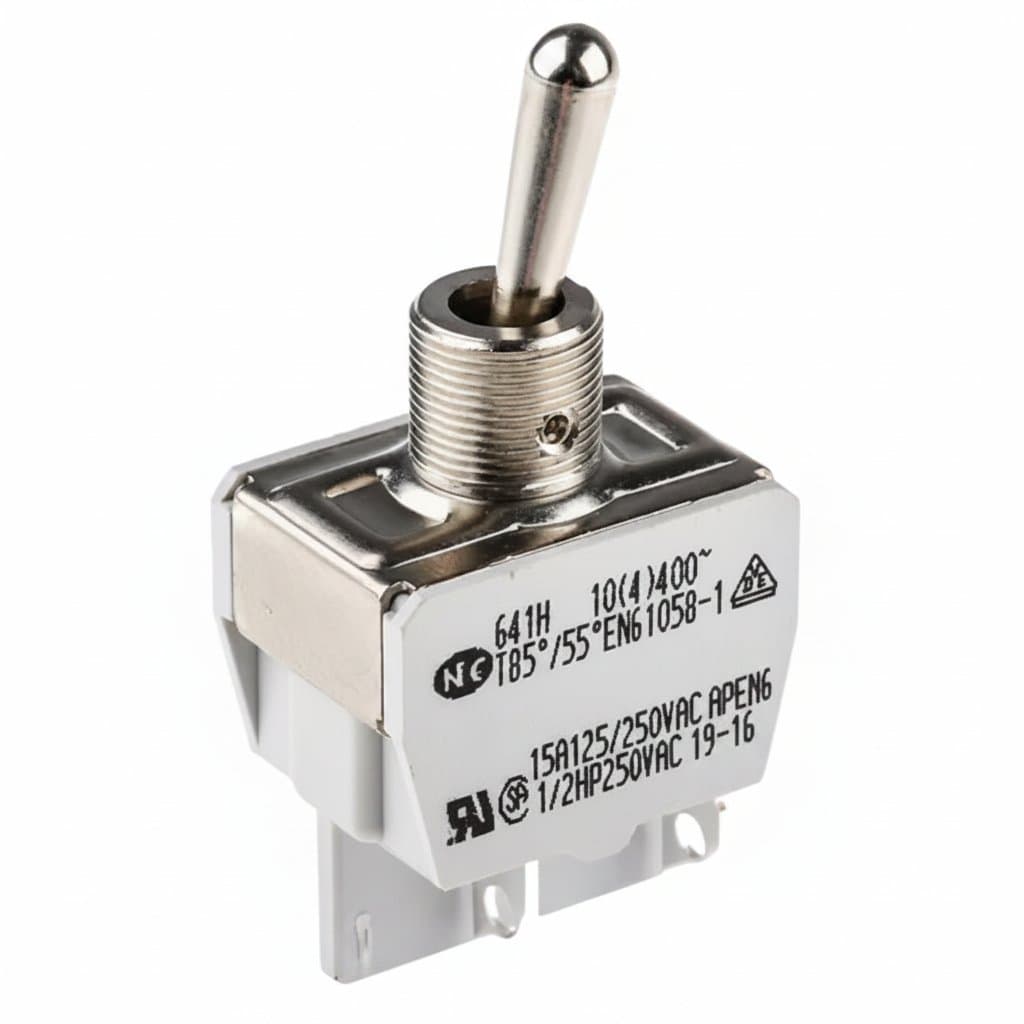 Original APEM 641H/2 ON-OFF self-locking rocker switch, black actuator with four solder terminals for secure PC board mounting.