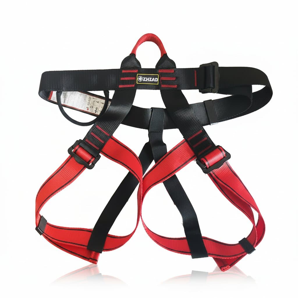 Professional outdoor climbing harness with adjustable leg loops and waist belt for rock climbing, mountaineering, and rappelling safety.