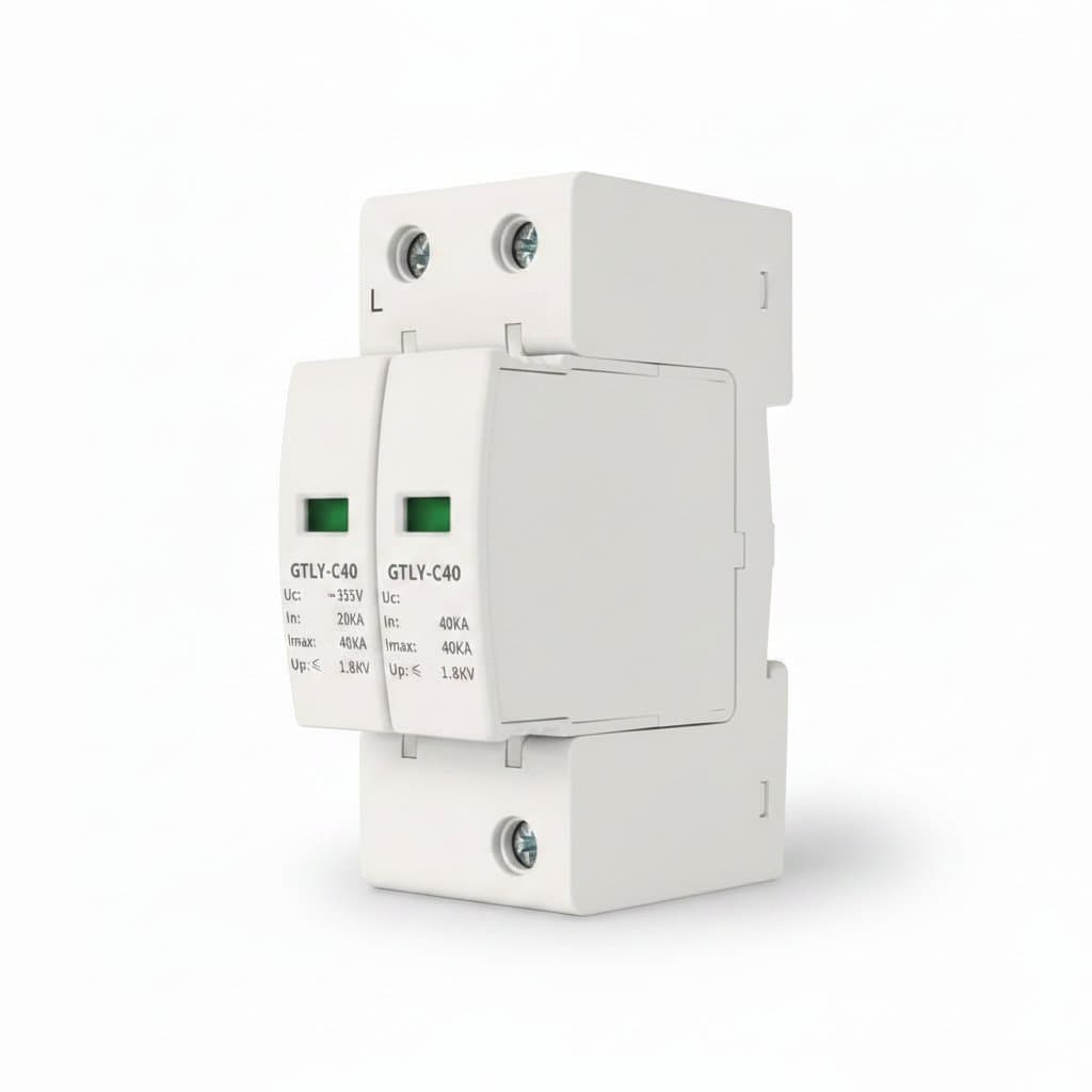 GTRIC 2P AC Surge Protective Device for home and solar systems, rated 40KA 60KA with LED status indicator on white housing.