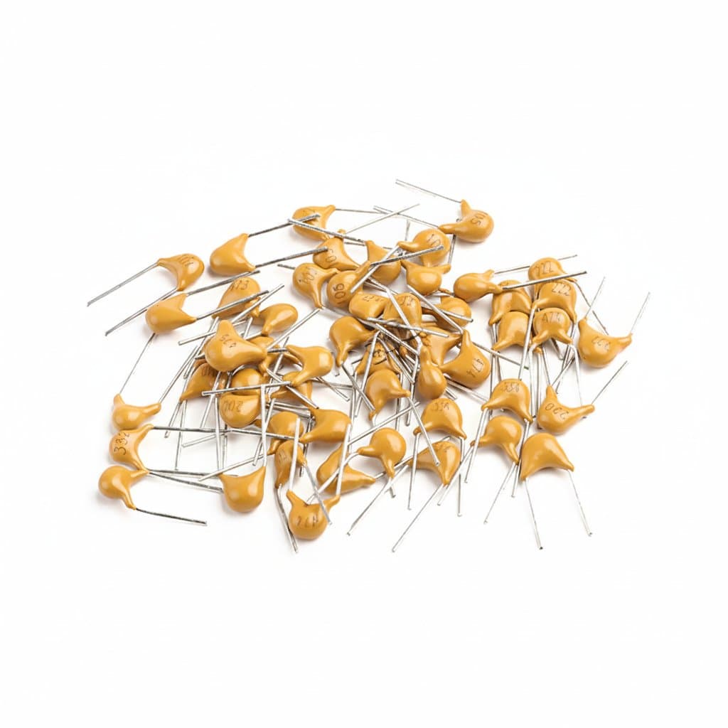 100-piece assortment of multilayer ceramic capacitors, values from 10pF to 10uF at 50V, neatly organized on a white background.