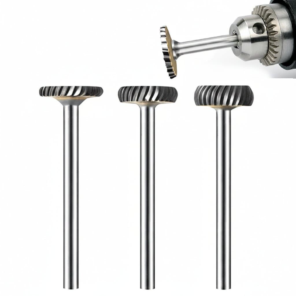 T-type carbide rotary file with arc profile for metal, aluminum, stone, and plastic carving using rotary tools like Dremel.