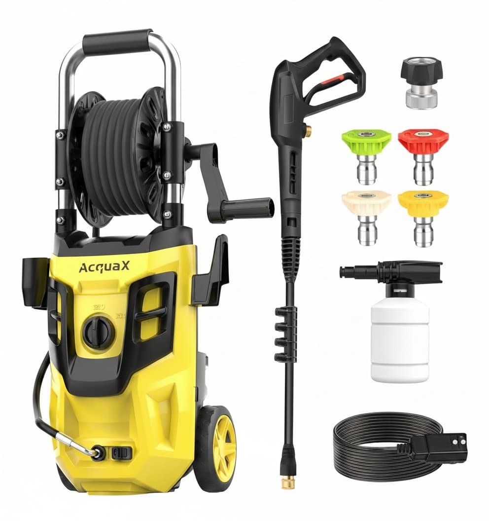Compact 1800W electric pressure washer with 4200 PSI max pressure and 2.5 GPM flow, suitable for washing cars, terraces, and gardens.