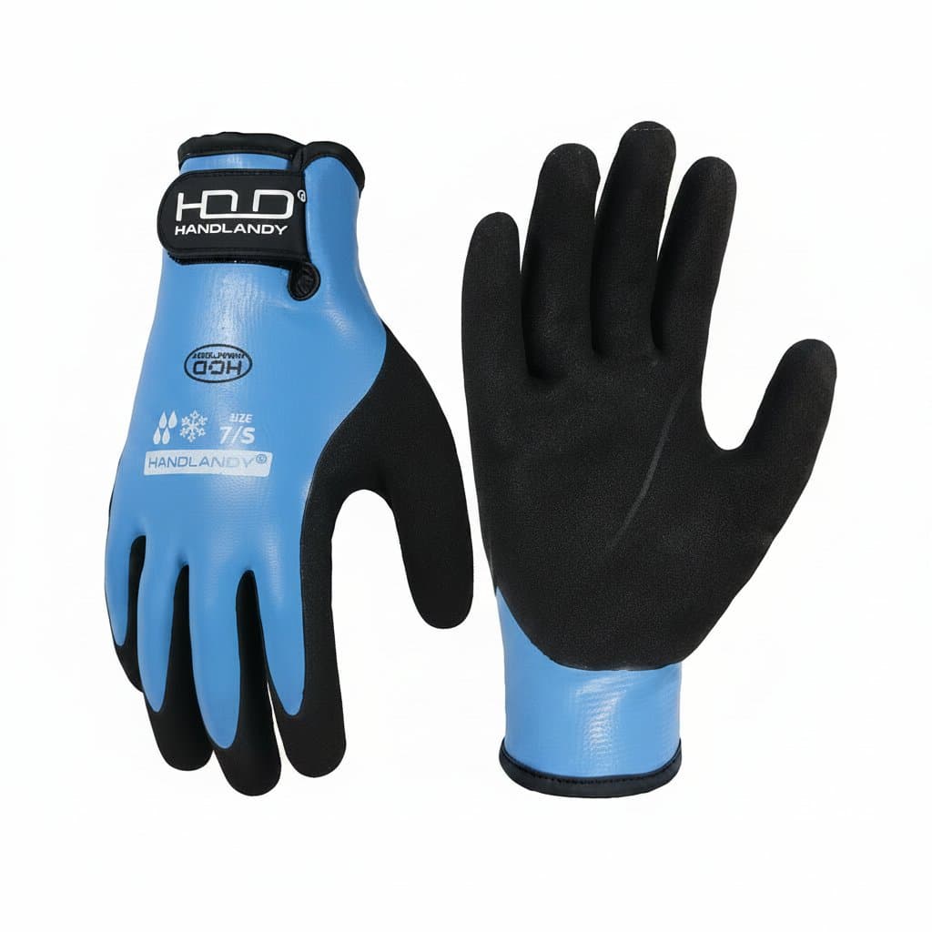 HANDLANDY waterproof insulated work gloves with grip for cold weather freezer work, featuring CE certification for safety standards.