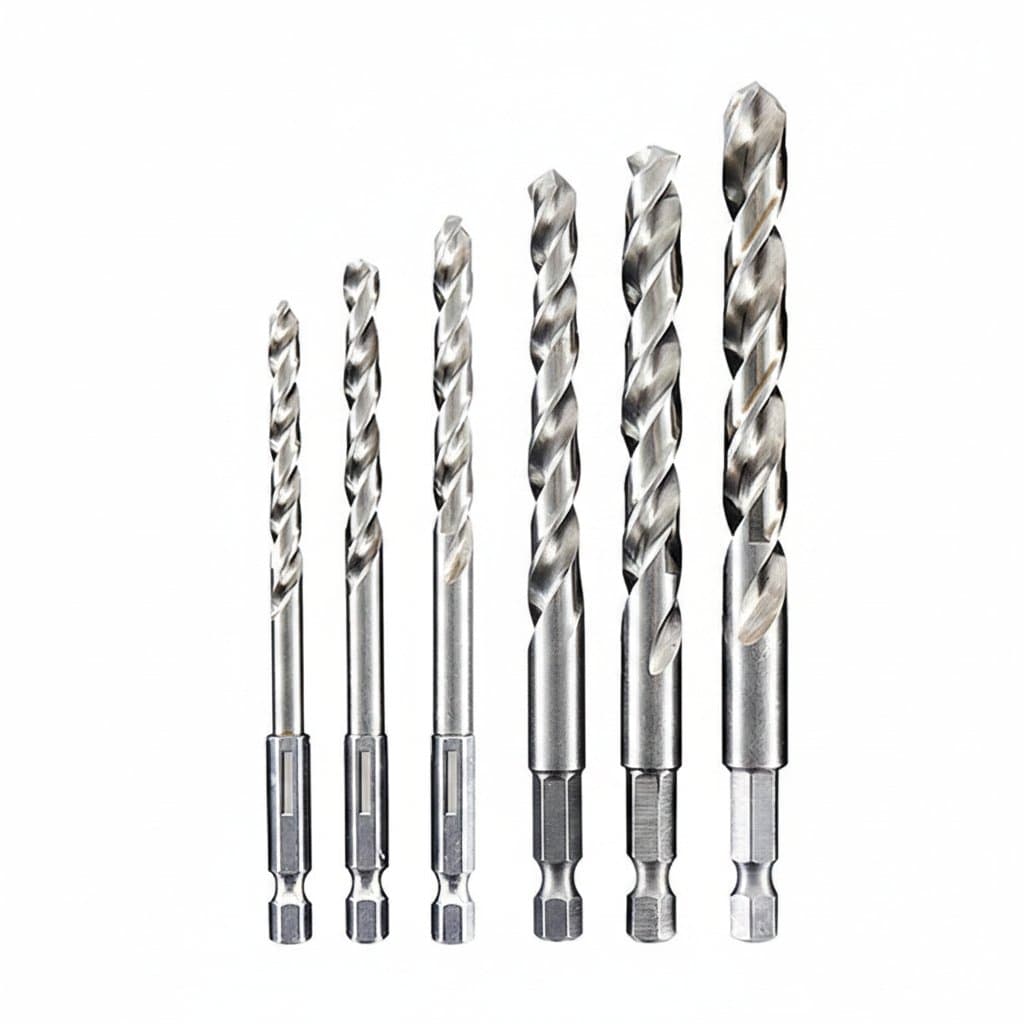 White steel twist drill bit set with 1/4 inch hex handle for quick changes, includes 4mm to 10mm sizes for drilling stainless steel and hard metals.