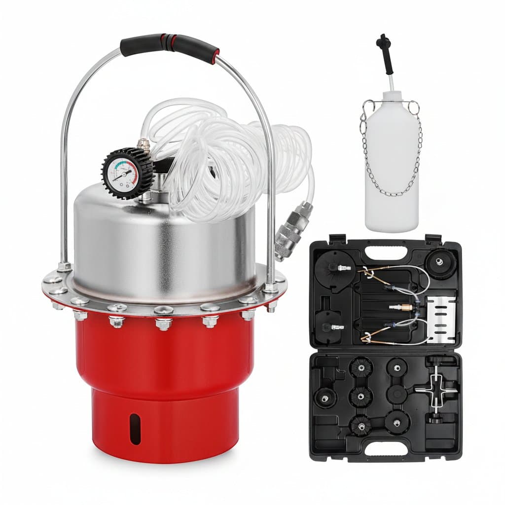 A professional pneumatic air pressure brake bleeder kit with a 5L tank for effective fluid changes.