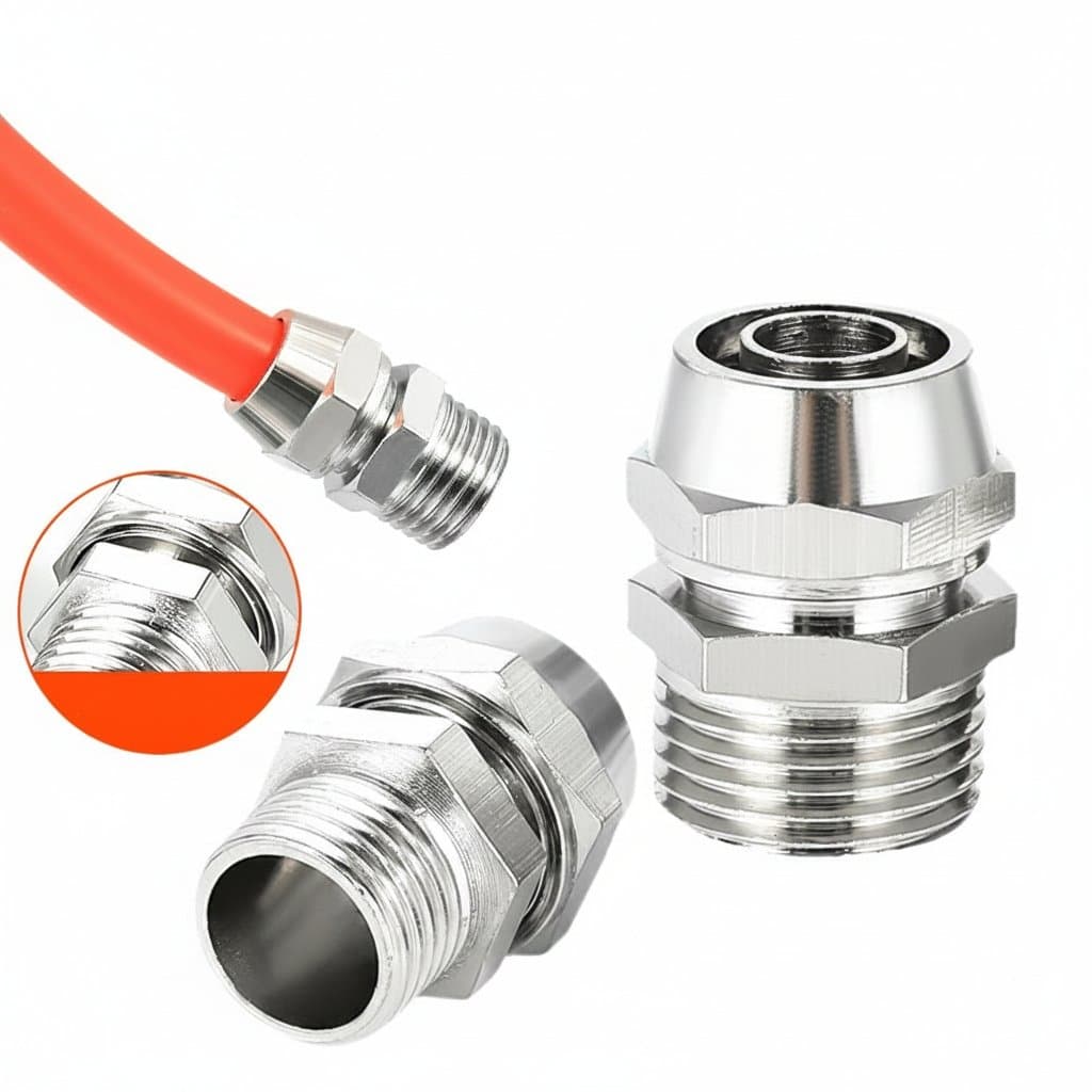 Premium brass pneumatic air fitting with PC-4 thread, sizes 4mm to 16mm and 1/8 to 1/2 inch, for industrial compressed air systems.