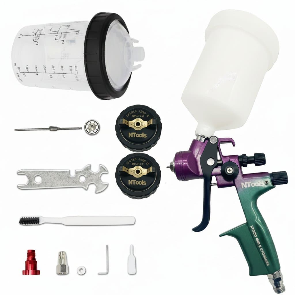 An HVLP spray gun for varnishes and primer, equipped with a 1.4mm air cap, 1.8mm nozzle kit, 400cc mixing cup, and 600cc tank.