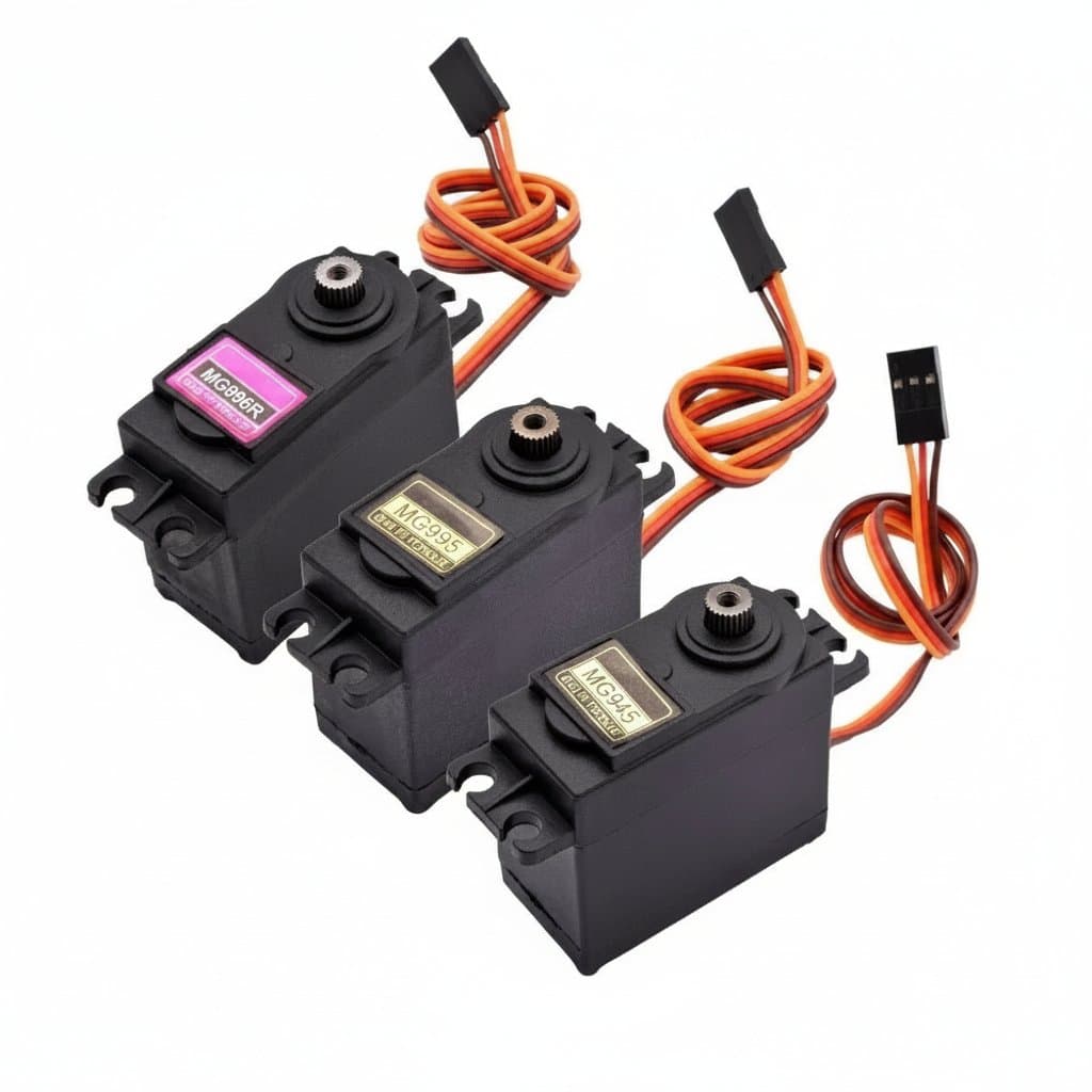 MG945, MG995, and MG996R metal gear servo motor with 180° or 360° rotation. High-speed analog servo for RC airplanes, cars, boats, Arduino, and robots.