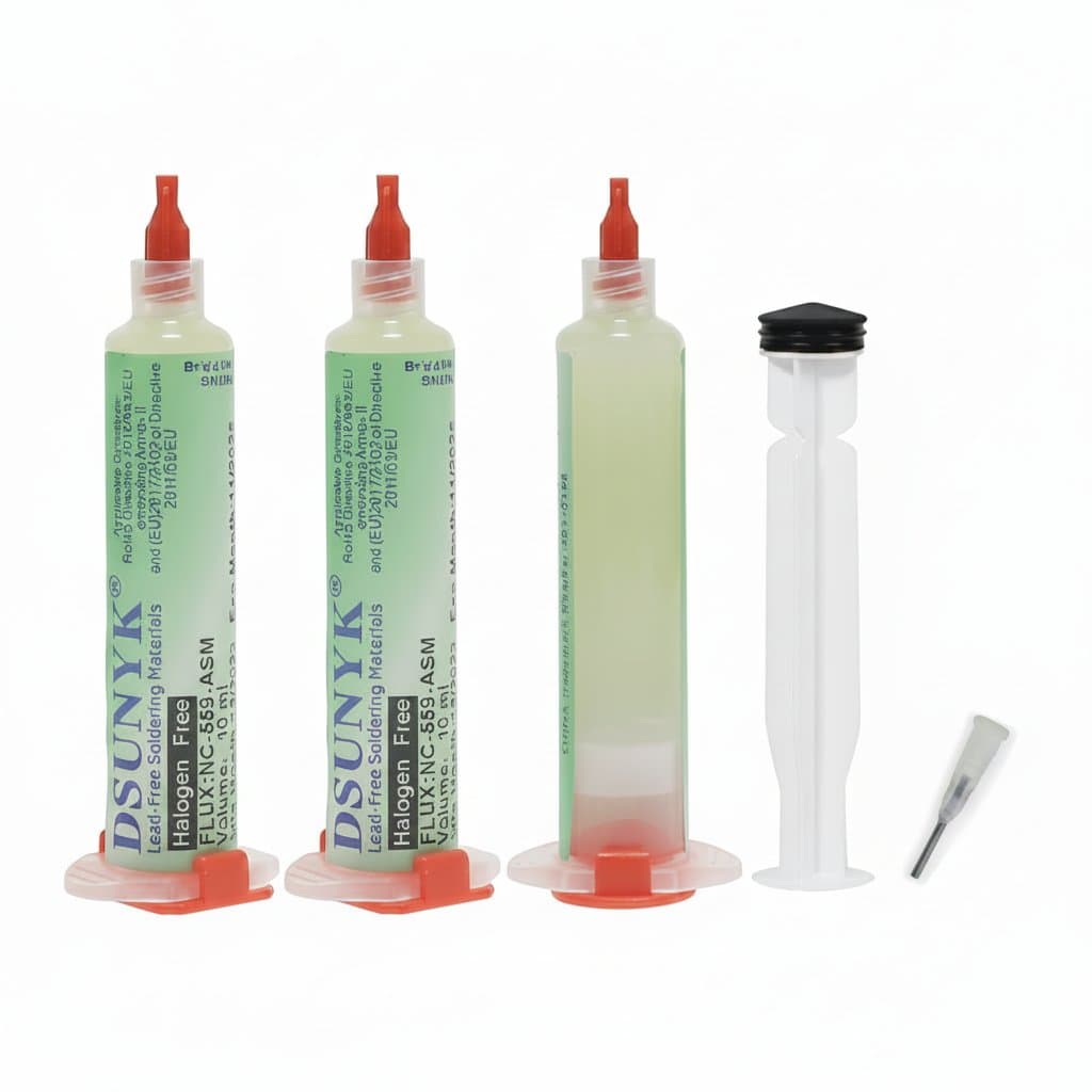 NC-559-ASM liquid solder flux in a 10ml syringe for BGA rework and precision soldering, a no-clean formula for electronics repair.