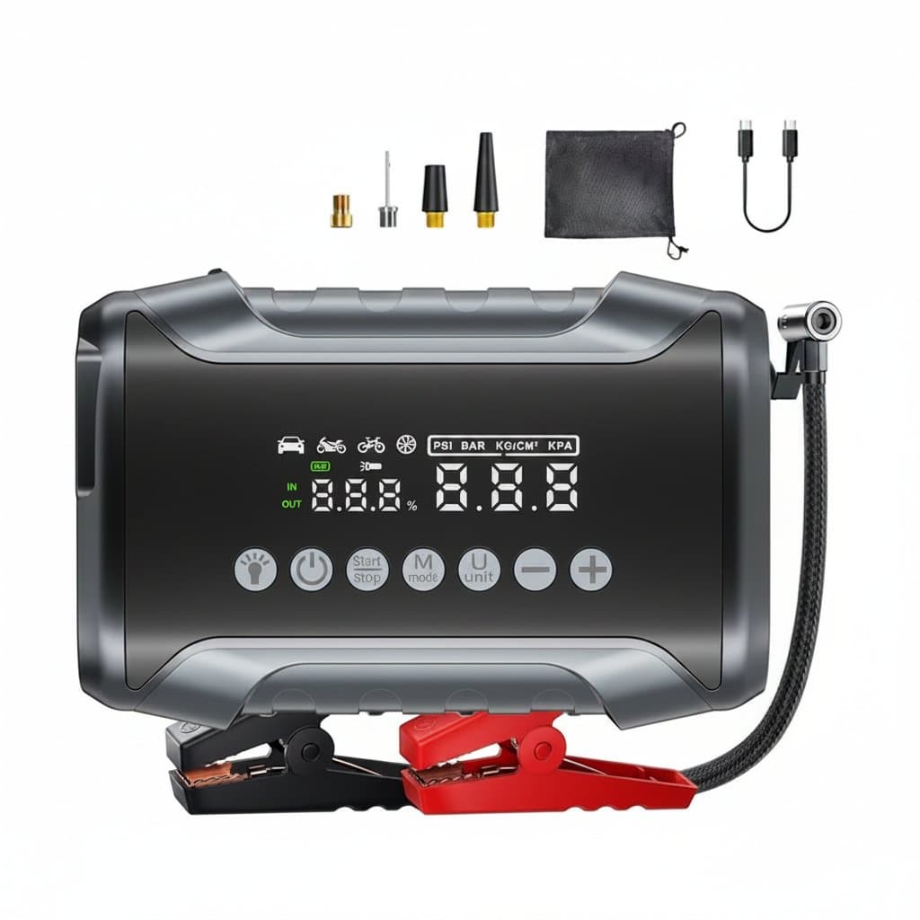 A versatile 6-in-1 car jump starter with an air compressor, portable power bank, and tire inflator.