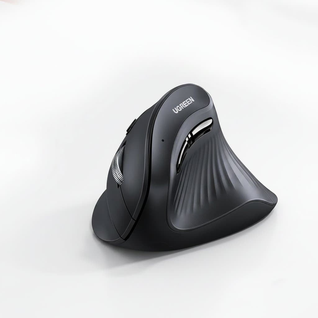 UGREEN ergonomic vertical mouse in black, showing its contoured right-hand design and six mute buttons for comfortable computer use.