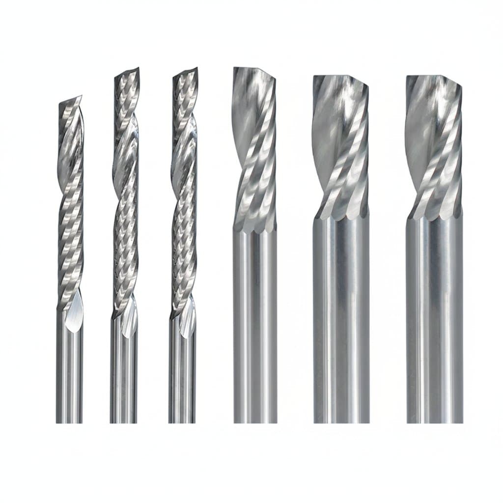 Single flute spiral router bits with 3.175-8mm shank options for CNC woodworking, made from tungsten carbide for clean cuts.