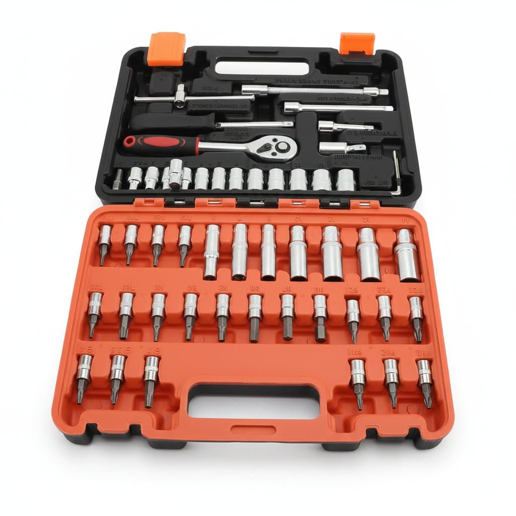 DEKO 228-Piece Socket Wrench and Hand Tool Set in a sturdy plastic toolbox, featuring ratchets, sockets, and combination wrenches for auto repair.