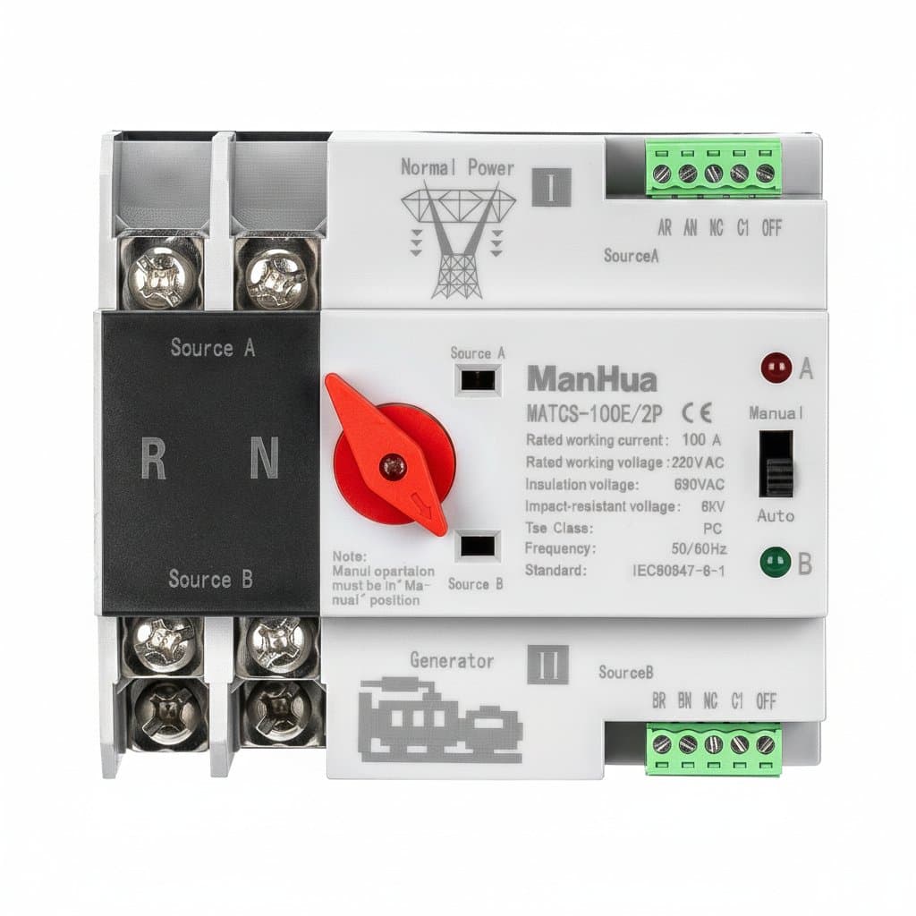 ManHua MATCS-100E/2P 100A automatic transfer switch with red handle, mounted on a DIN rail for dual power supply backup.