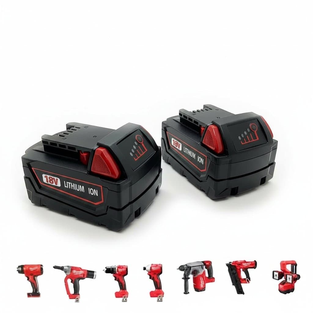 Milwaukee M18 18V lithium-ion battery pack compatible with various cordless power tools, showing battery level indicators and contacts.