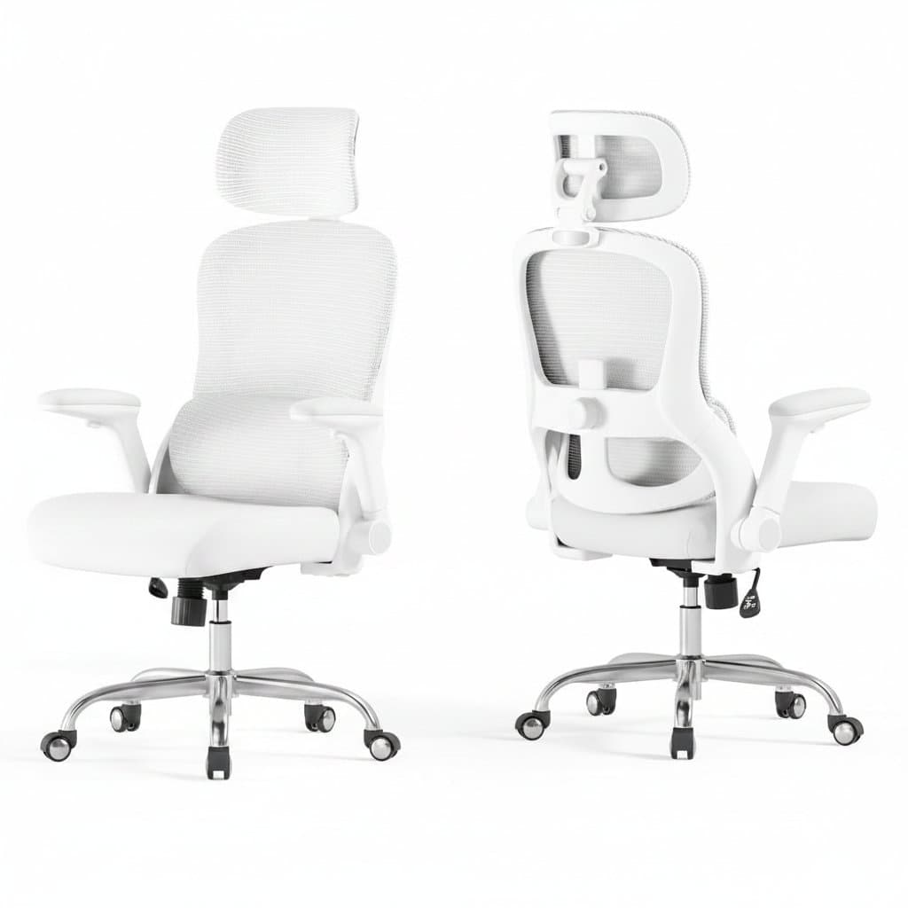 White mesh office chair with high-back design, adjustable lumbar support, and weight capacity up to 400lbs, ideal for extended computer use.