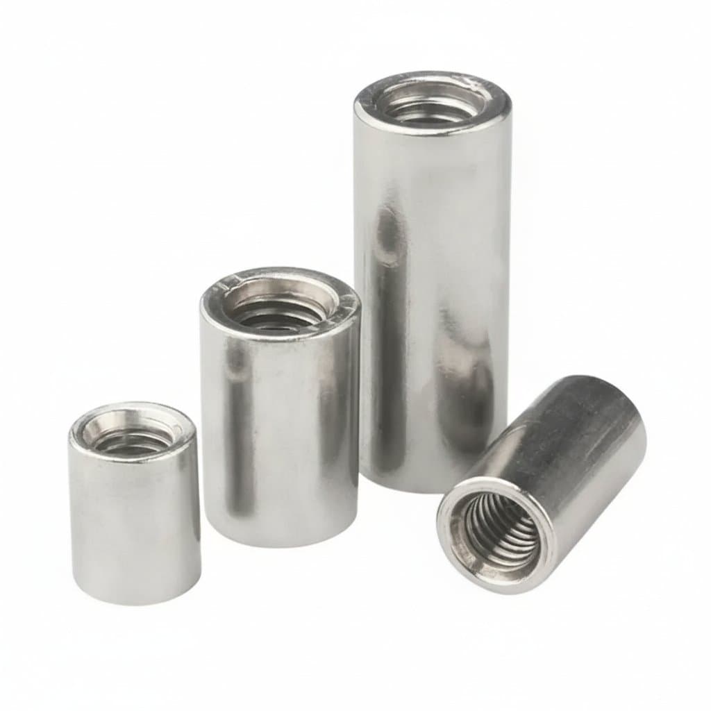 304 stainless steel extension coupling nuts in various sizes from M3 to M16, featuring a thickened round column design for connecting screws.