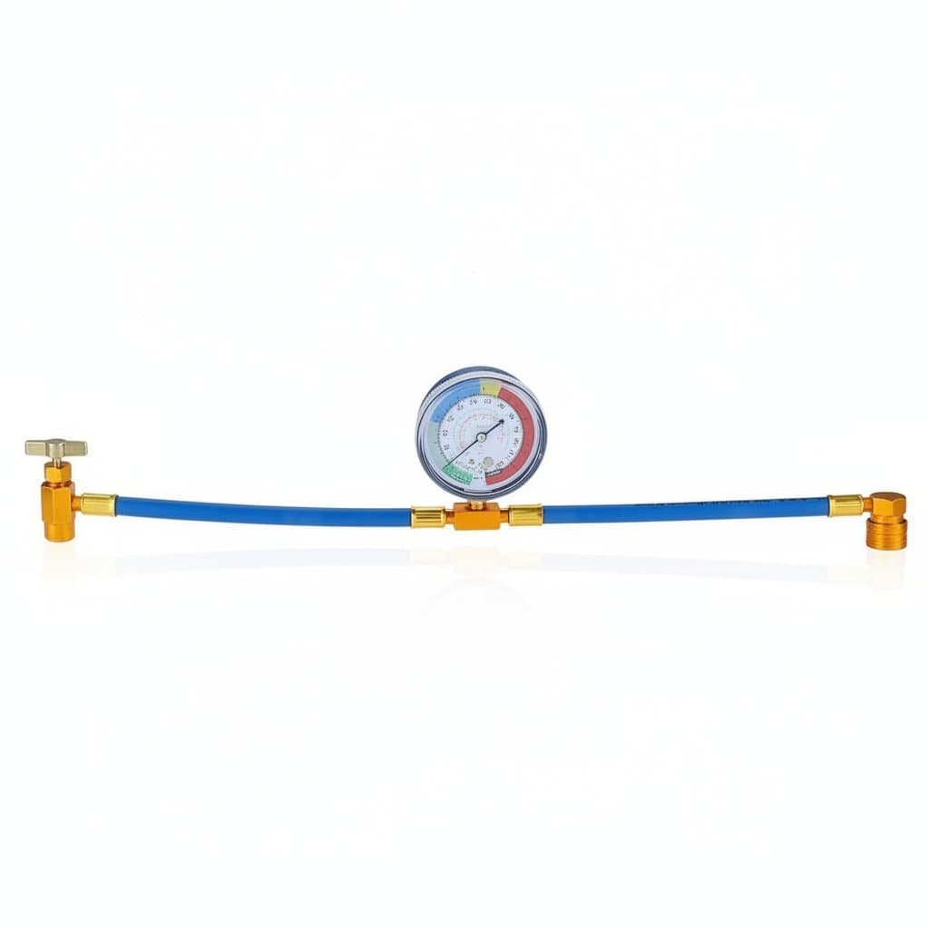 R134A Recharge Measuring Hose with Can Tap Gauge, a convenient car ac recharge kit for automotive air conditioning systems.