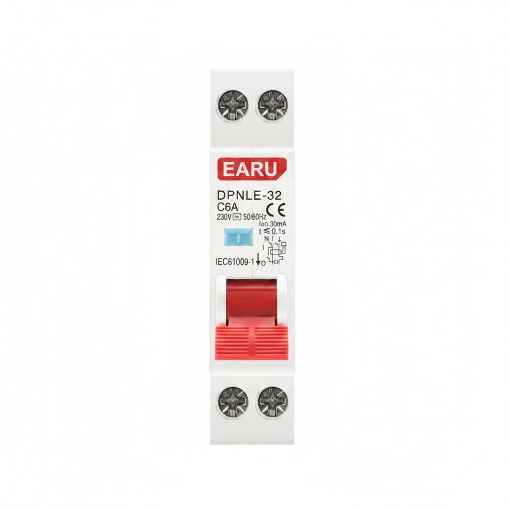 18MM RCBO circuit breaker with 1P+N configuration, 6kA breaking capacity, and over-current leakage protection for 230V AC systems.