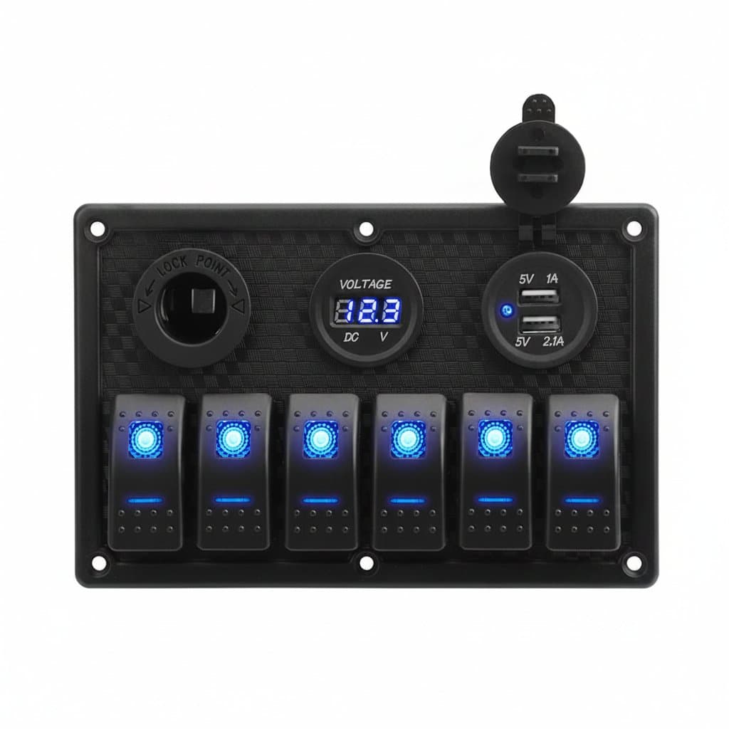 24V 12V 6-button switch panel with digital voltmeter, dual USB chargers, and toggle lights for car, boat, or caravan power control.