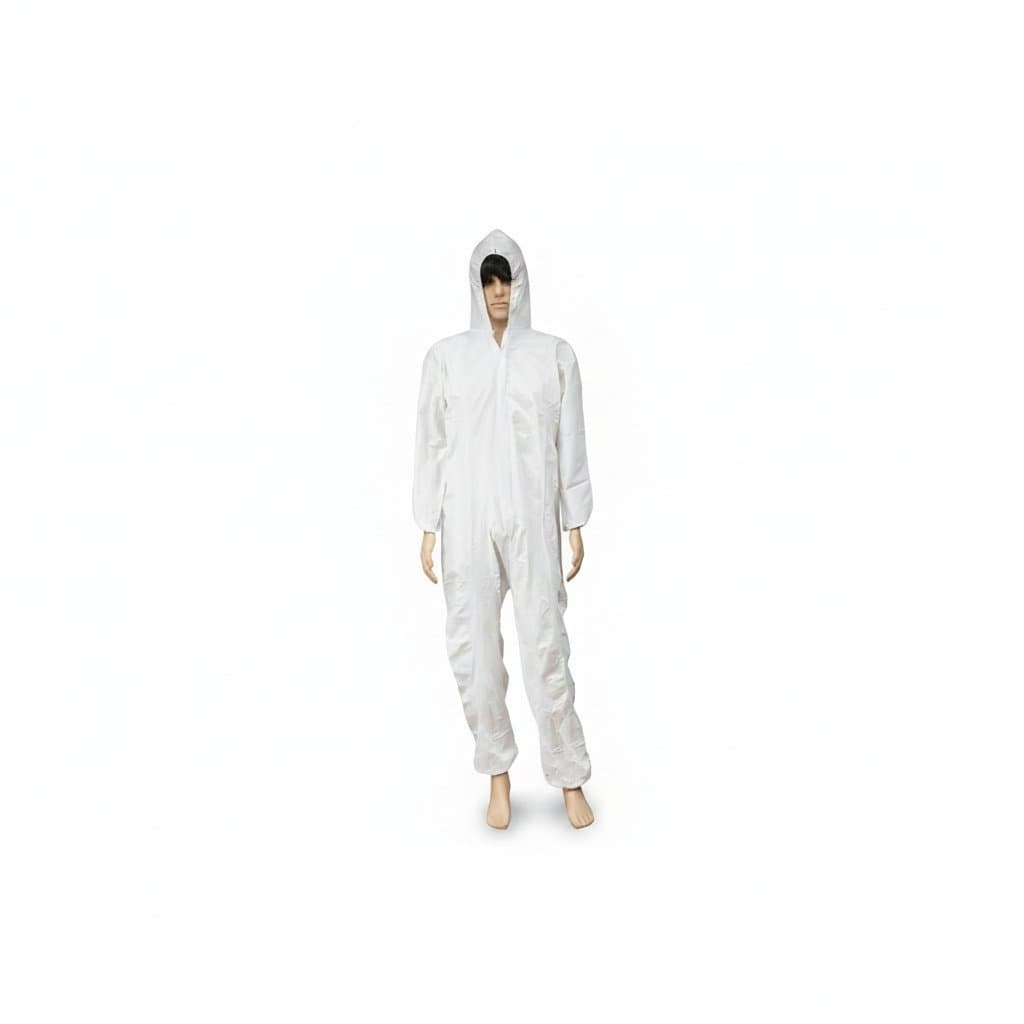Disposable Hazmat Suit infographic, detailing product features with text and icons.