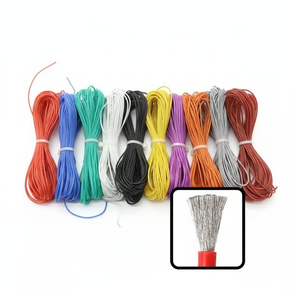 Ultra-soft silicone wire spool with high-temperature rating, available in AWG sizes from 5M to 100M lengths for flexible electrical connections.