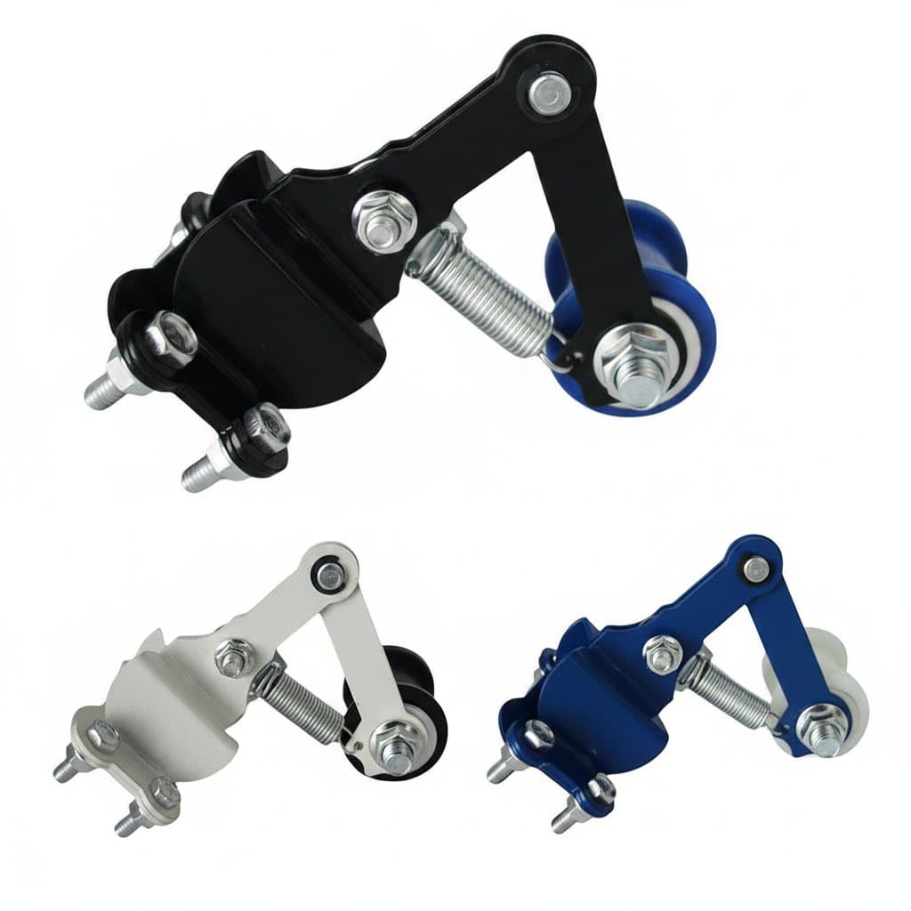 Universal motorcycle chain tensioner with guide wheels for dirt bikes, featuring adjustable roller for precise chain alignment and tension control.