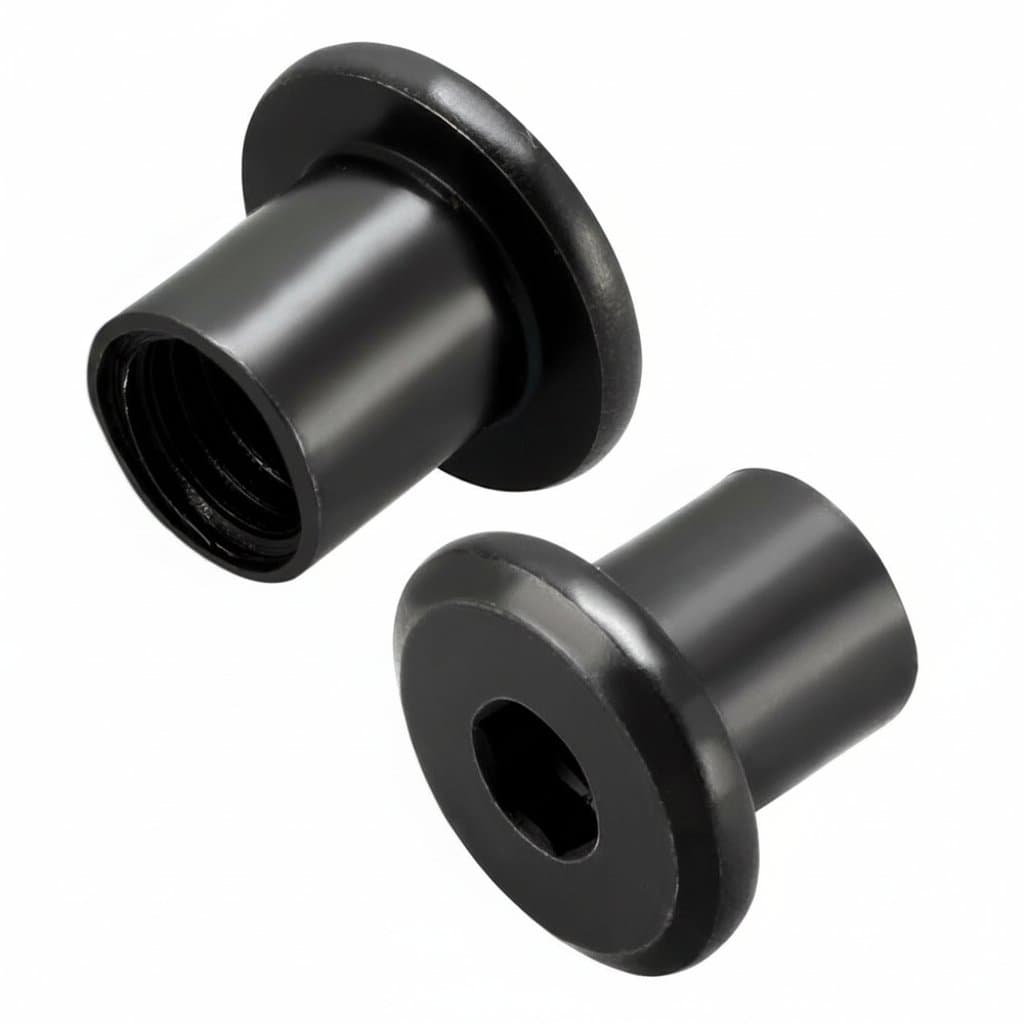 Assortment of iron nickel-plated rivet hex socket head insert nuts in M6 and M8 sizes with various lengths, used as furniture fittings.