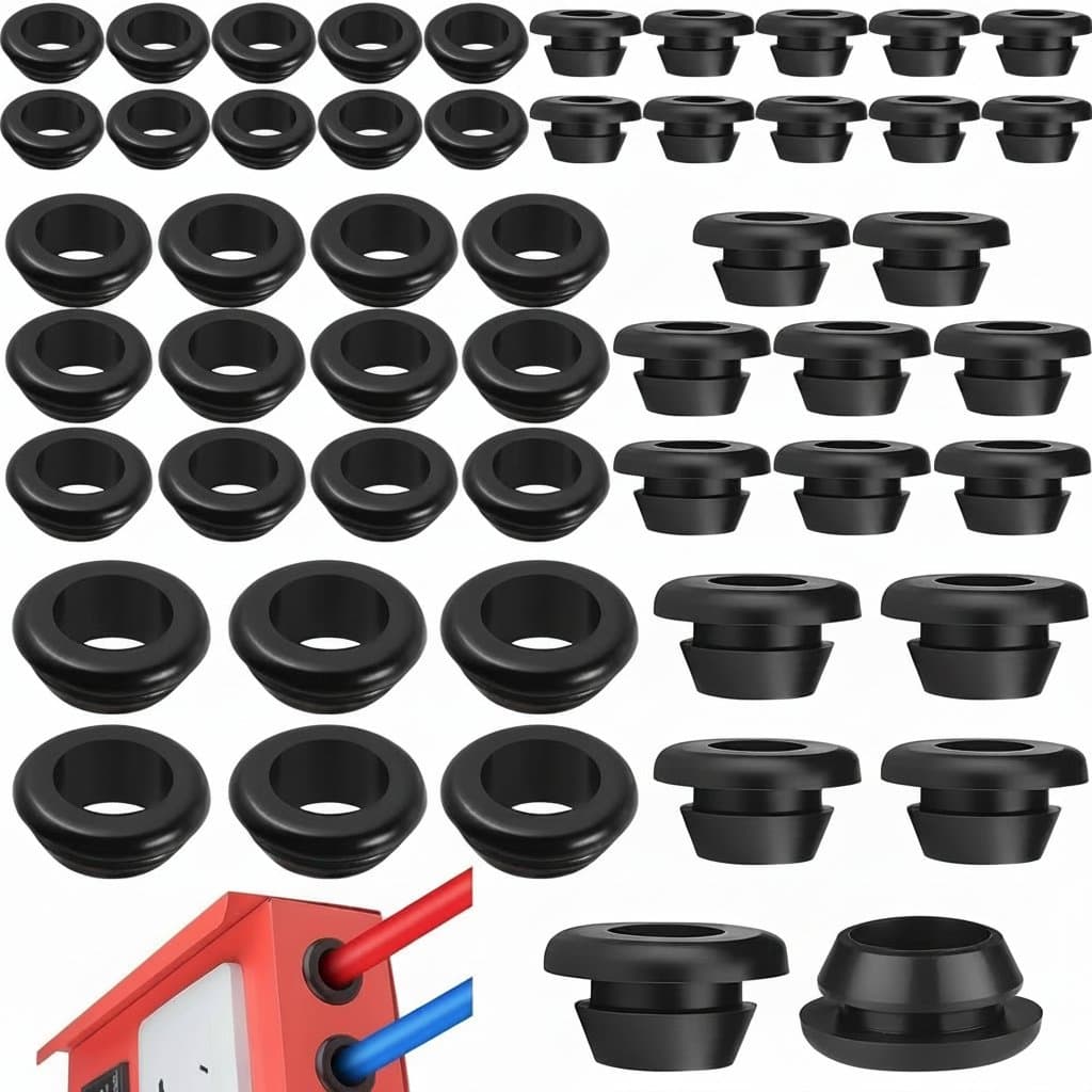 70-piece rubber grommet kit for automotive wiring and electrical panels, providing dust proof and moisture resistant cable protection.