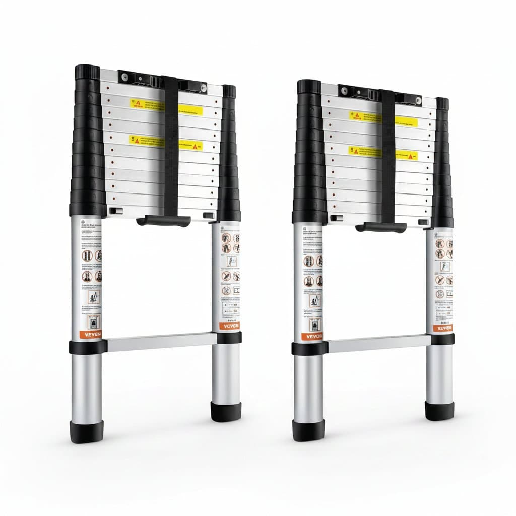 SucceBuy 12.5 FT aluminum telescoping ladder with one-button retraction, 375 lb capacity, and non-slip rungs for home or RV use.