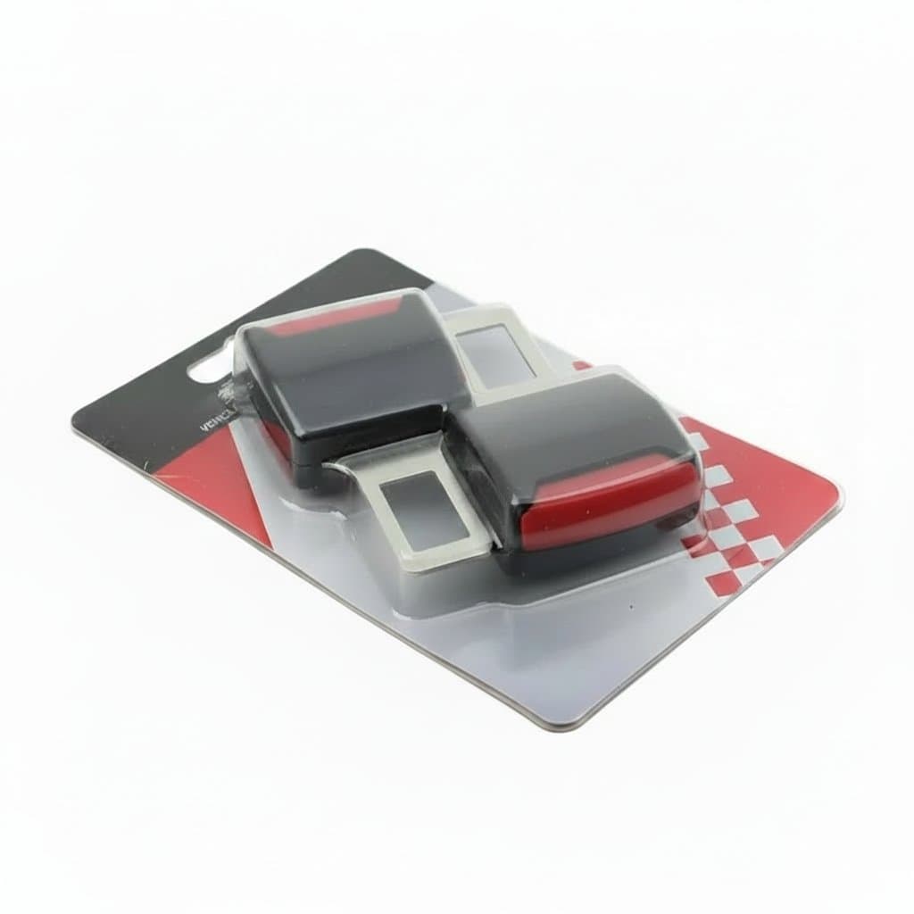 A black seat belt extender with a red button, designed for car safety and baby car seats.
