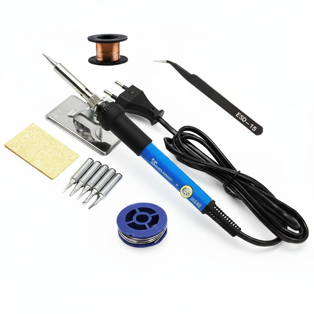 Adjustable Temperature Electric Soldering Iron Station with digital display, 60W to 80W power, and multiple soldering pencil tips for repair work.