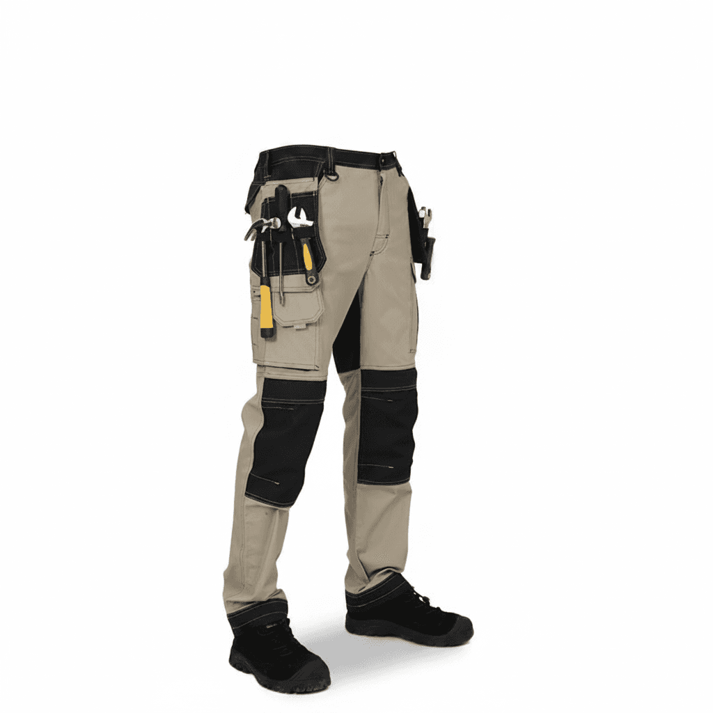 Knee pads work trousers worn by a person with a tool belt.