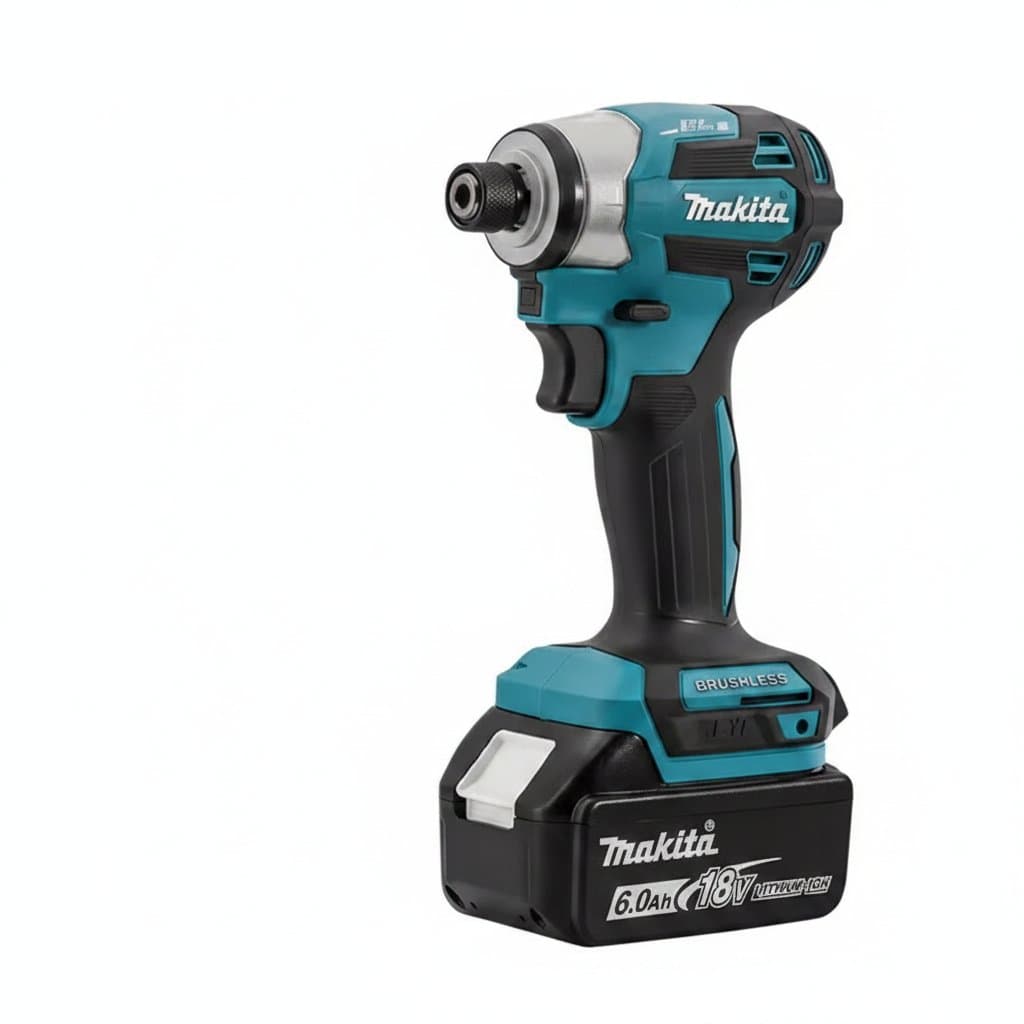 Makita DTD173 18V cordless impact driver with brushless motor, 180 N.m torque, LED light, and battery on a workbench.