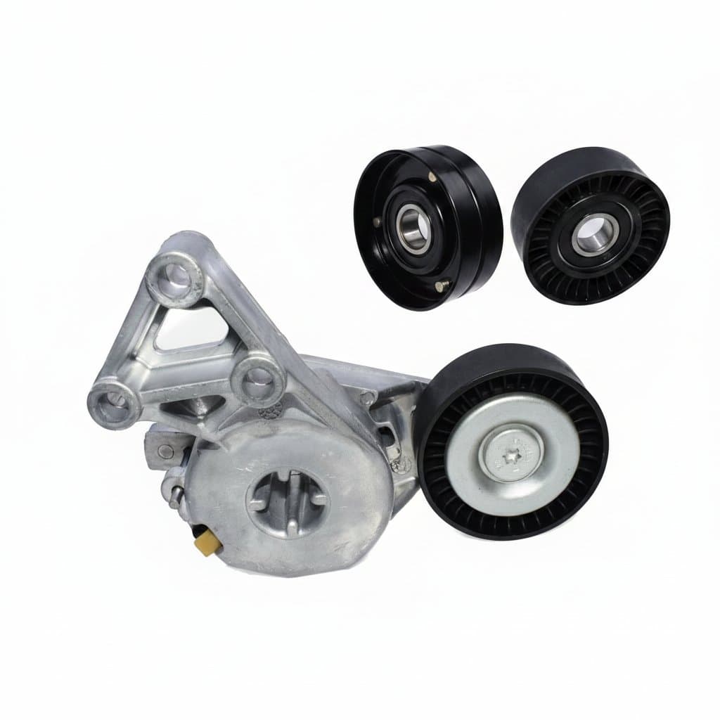 Belt tensioner pulley 06A903315D/E for Audi, Skoda, Seat, and VW vehicles with 1.6L, 1.8T, and 2.0L engines.