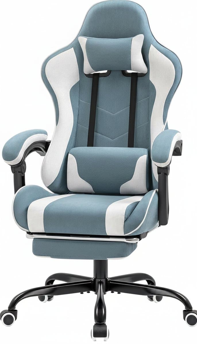 Green fabric gaming chair with adjustable height, swivel seat, built-in footrest, and massage lumbar support for extended play sessions.
