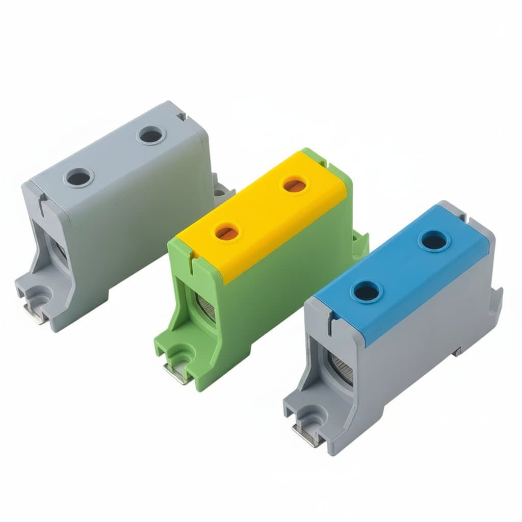 JHT5 16mm² aluminum distribution terminal block with screw connectors and multi-color DIN rail mounting for industrial electrical panels.