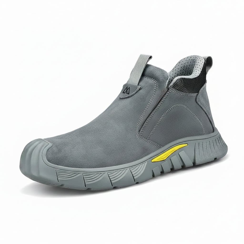 Steel Toe Cap Safety Boots, a pair of black and yellow work boots.