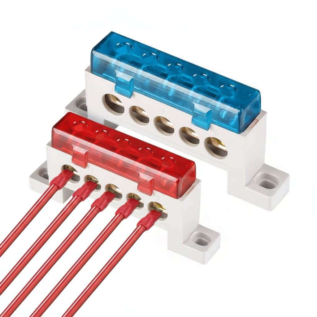 Zero line wiring bridge terminals, a 3/10 pin distribution block with brass ground and neutral electrical bus bar for industrial panels.